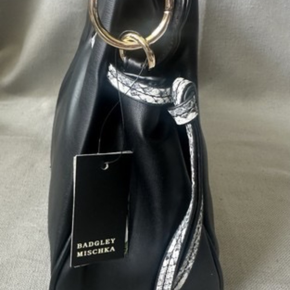 BADGLEY MISCHKA Vegan Drawstring Purse Snake Trim Crossbody New Black - Picture 3 of 13